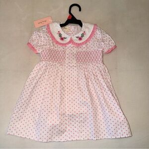 NWT - Smocked Pink Polka Dot Dress with Embroidered Collar
